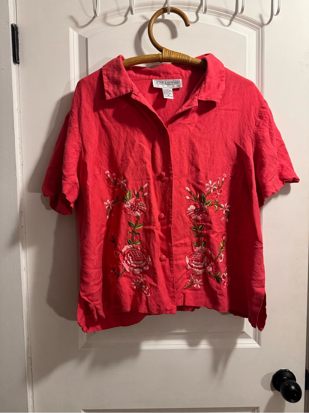 Vintage Jessica Howard Pink Floral Embroidered Linen Button-Up Top